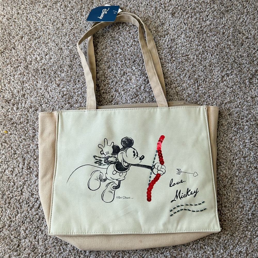 NWT Disney Mickey Mouse Canvas HandBag Illustration Sequins Zip Top Cupid Y2K